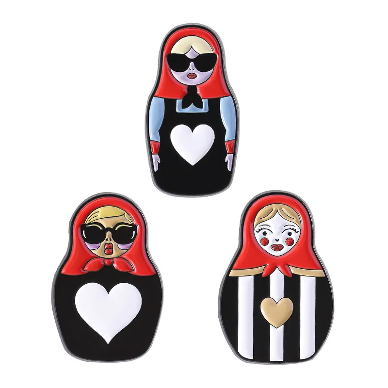 Cute Cartoon Russian Nesting Doll Metal Badge Brooch Sunglasses Doll Traditional Clothing Chest Badge Pins for Backpacks Pines