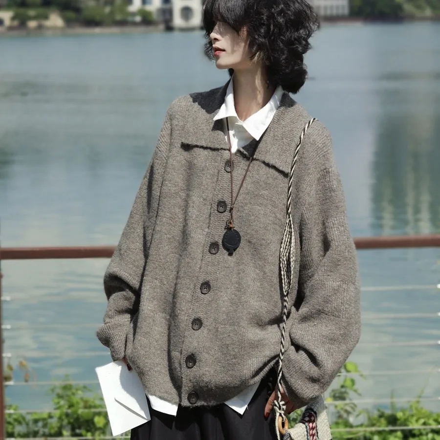 

American Retro Lazy Sle ey Gentleman Stand Collar Knitted Open Cardigan Versatile Casual Sweater Jaet for Young Men