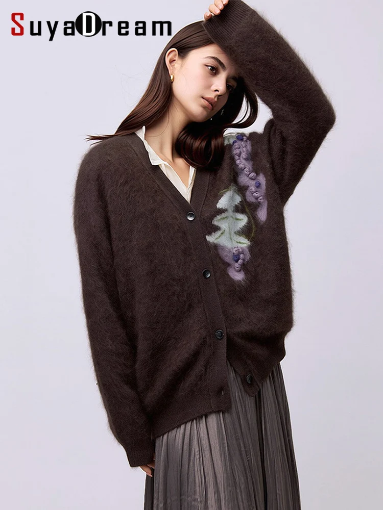 SuyaDream, Women Brushed Wool Cardigan, 3D Grape Pom Pom Embroidery V-Neck Loose Knit Sweater, Autumn Winter New Outerwear