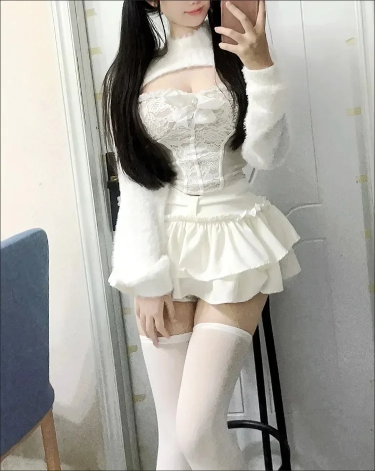 Vrouwen Grunge Pak Y2k Esthetische Crop Trui + Kant Sexy Strik Vest + Verstoorde Mini Taart Rokken Lolita Outfit Kawaii 3-delige Set