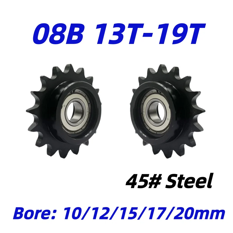 1PC 08B Sprocket With Bearing 13T 15T 17T 19T Idler Drive Chain Gear 45# Steel Blacken Bore 10 12 15 17 20mm Transmission Wheel