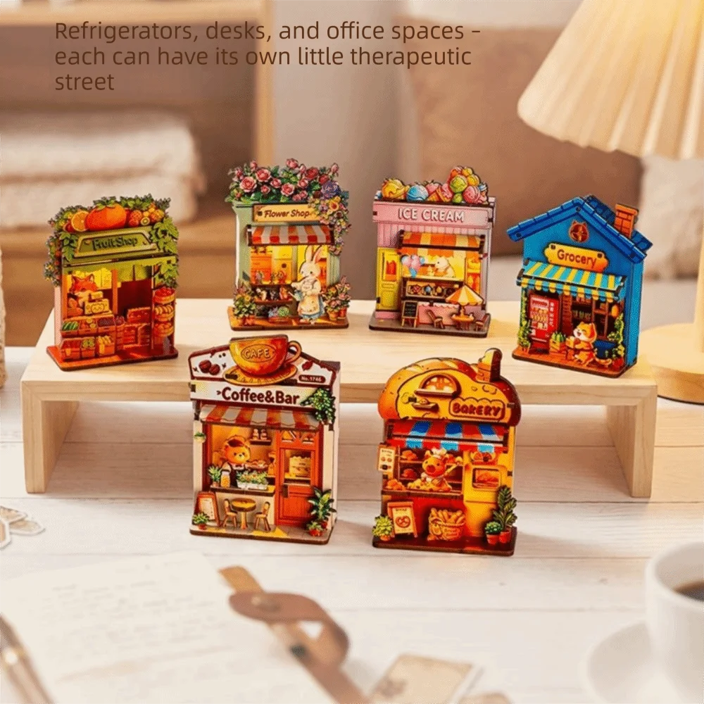 Animals Shop Wooden Fridge Magnet Assembly Model Handmade DIY House Puzzle Toy LED Light Miniature 3D Wooden Puzzle Kit