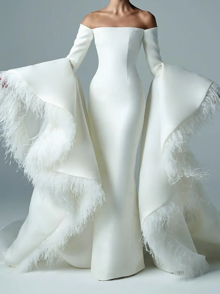 세련된 현대적인 오프숄더 긴 소매 새틴 머메이드 신부 웨딩 드레스 맞춤 제작