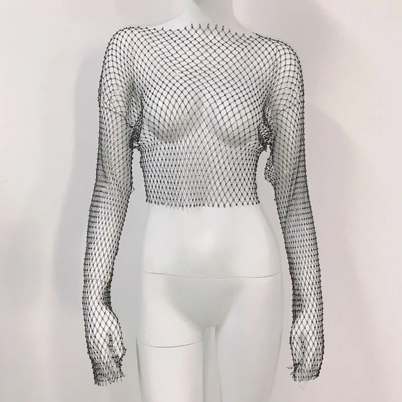 Kobiety Sexy Mesh See Through T Shirt Shiny Rhinestone Fishnet Hollow Out Crop Top Long Sleeve Beach Cover Up Party Club Tank Tops