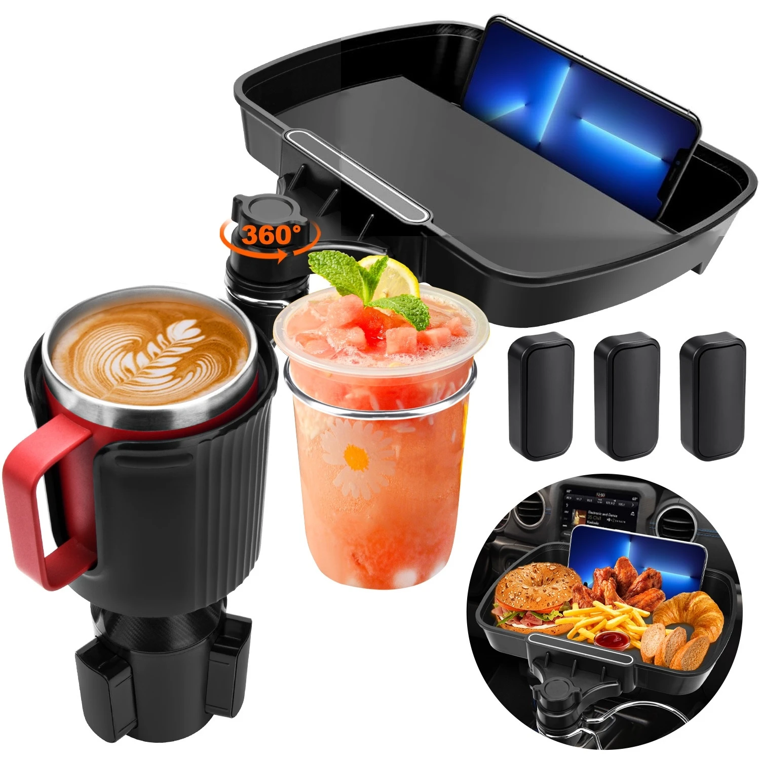 

4 in 1 Car Cup Holder Tray With Phone Holder Extendable Food Table Tray 360 Adjustable Double Cup Holders for Drive Road Trip