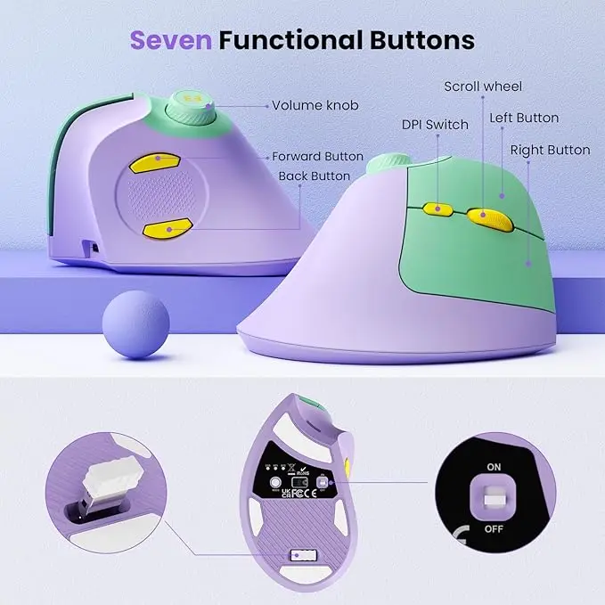 seenda Ergonomic Wireless Vertical Mouse MOU-302 Rechargeable Bluetooth Silent Mouse with Volume Knob 3-Device Multi Connection