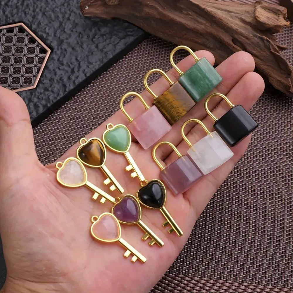 2pcs Natural Stones Keys And Locks Rose Quartz Agate Amethyst For Jewelry Making Crafts Home Decoration
