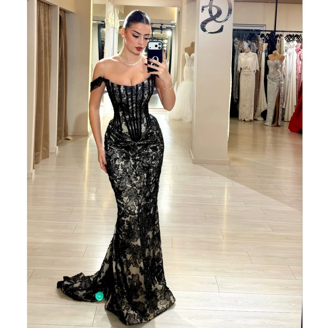 

Black Lace Mermaid Evening Dresses Woman Off the Shoulder Prom Dress with Nude Lining Wedding Party Gown Customized Vestidos