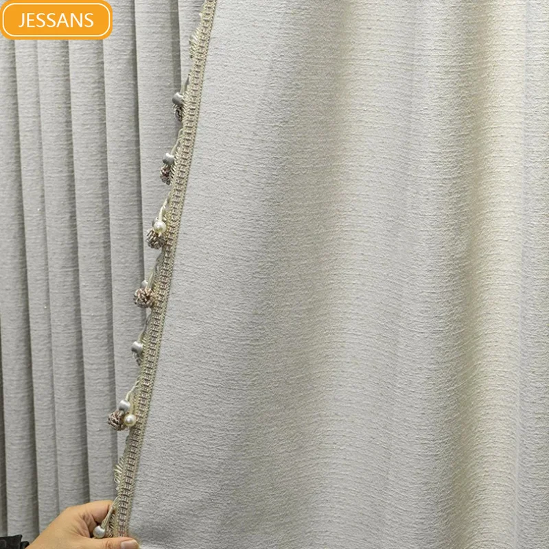 New High-end Cream Cotton Linen Lace Splicing Thickened Curtains for Living Room Bedroom French Window Customized Products
