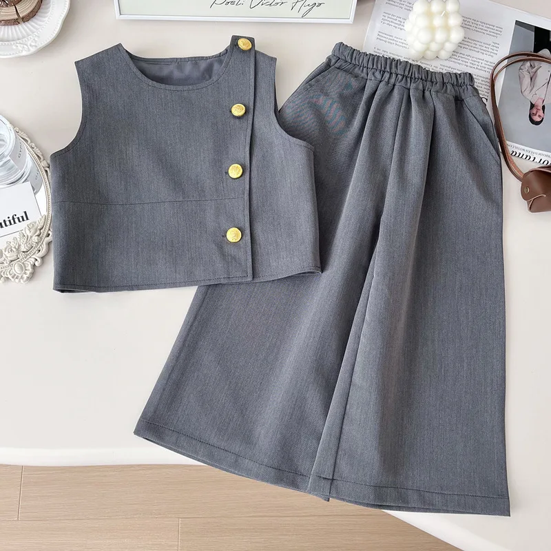 Girls Sets Spring Autumn Kids Set 3 Pieces Lace Collar Long Sleeve Blouse + Vest + Wide Leg Pants Outfit Childrens Clothes  123