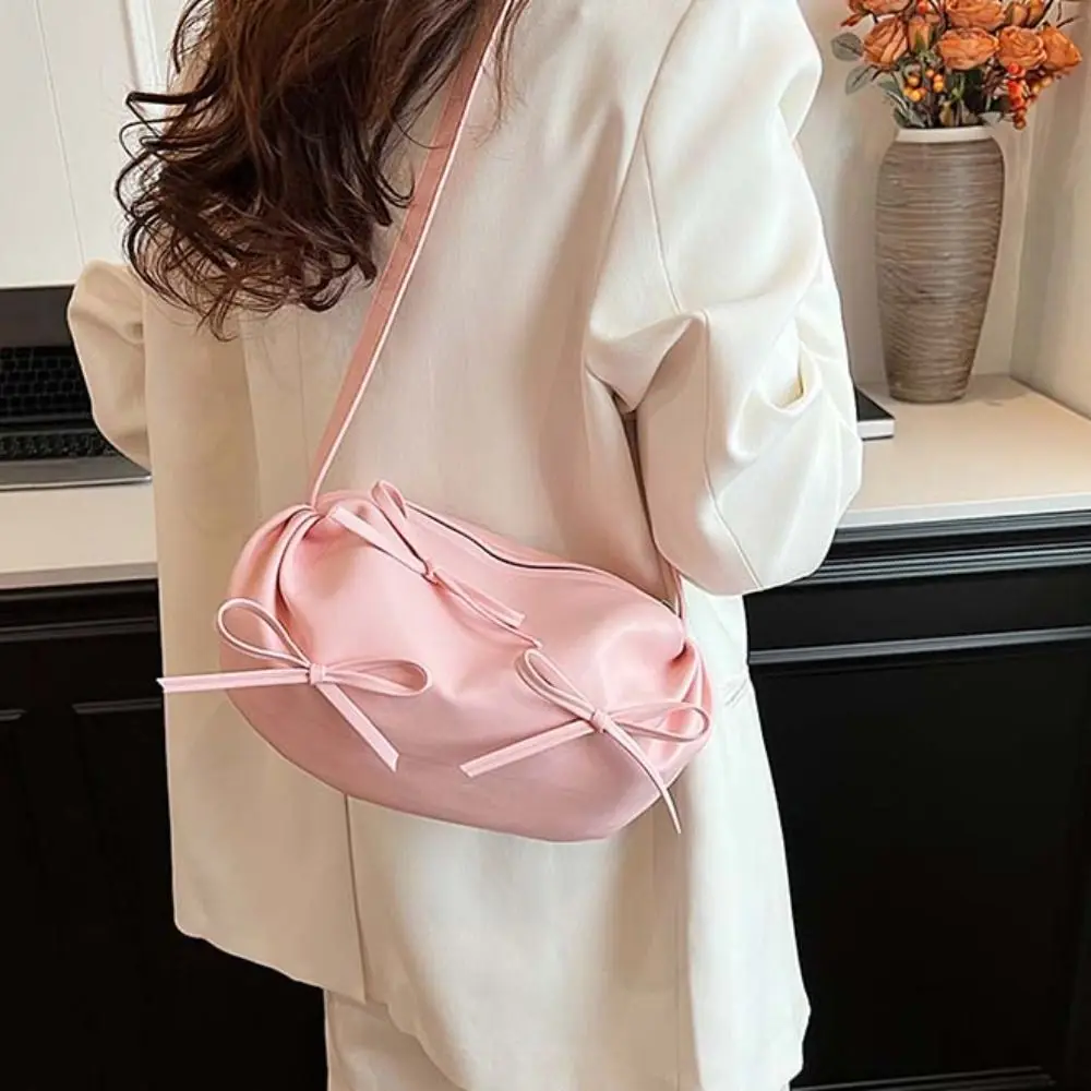 

Korean Style PU Bow Shoulder Bag Solid Color Handbag Crossbody Bag Minority Design French Style Pleated Cloud Bag Portable