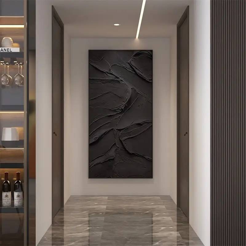 

Modern Plain Black Stroke Canvas Wall Art All Black Thick Texture Art Abstract Paintings Unique Darkness Decor for Living Home