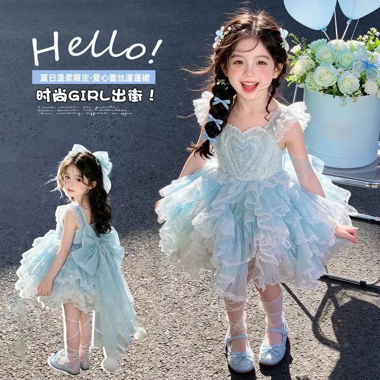 Summer Backless Lolita Ball Gown Dress Girls Kids Sets Princess Shiny Skirts Birthday Party Childrens Gauze Clothing Sundress