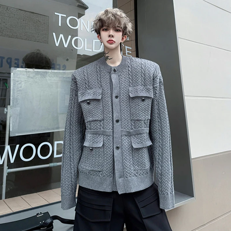 LUZHEN 2025 Autumn New Original Multi Pockets Decorate Round Neck Knitted Cardigan Coat Men's Fashion Solid Color Sweater JY4449