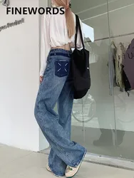 FINEWORDS Vintage Casual Wide Leg Jeans For Women Back Pocket Printed Casual High Waist Jeans Punk Easymatch Straight Jeans