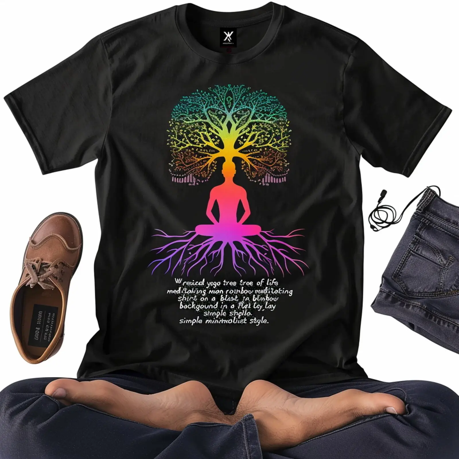 

Yoga Tree of Life Roots Meditation Man Rainbow TShirt Black Tee Minimalist Style