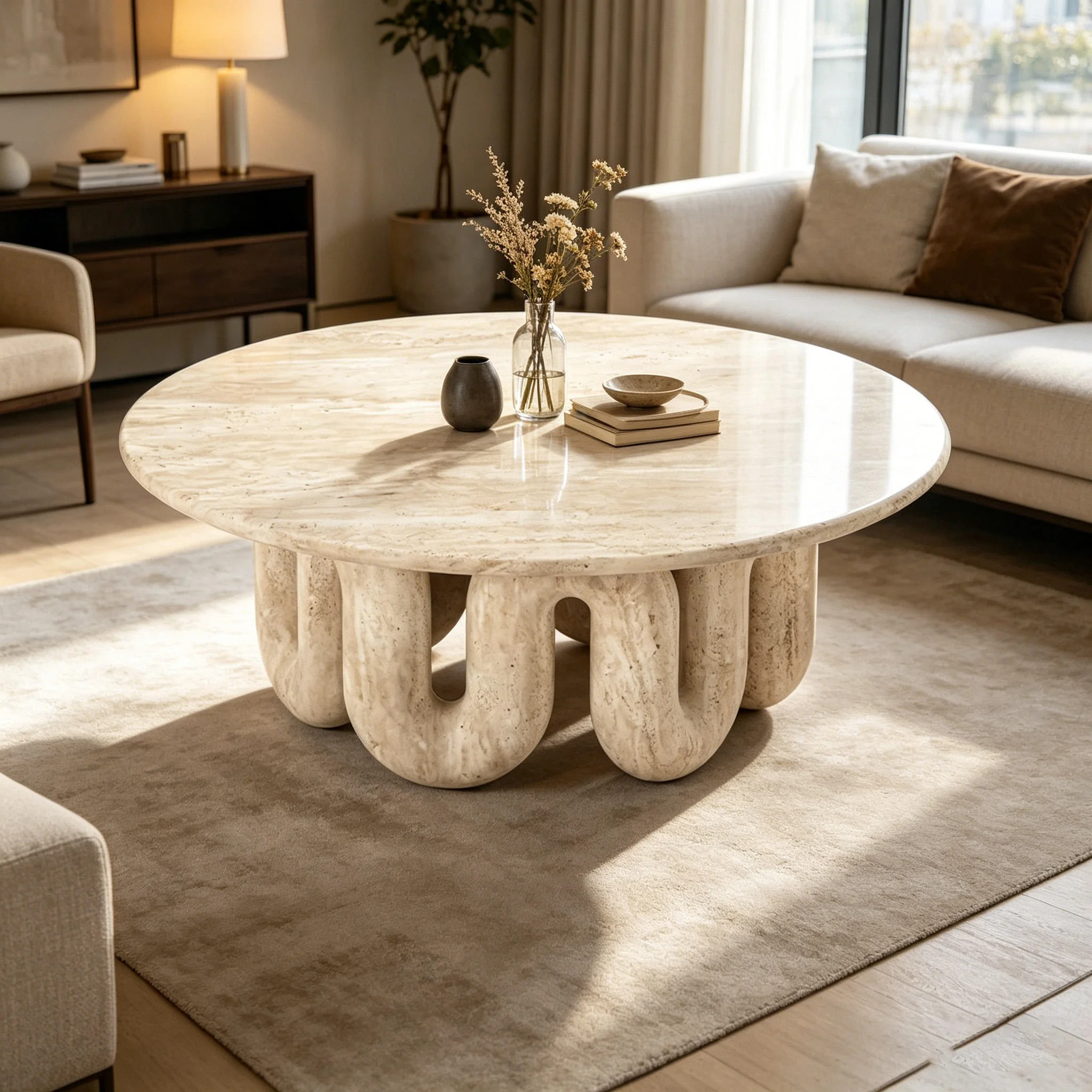 Modern limestone round coffee table with fire protection and environmental protection, suitable for living room