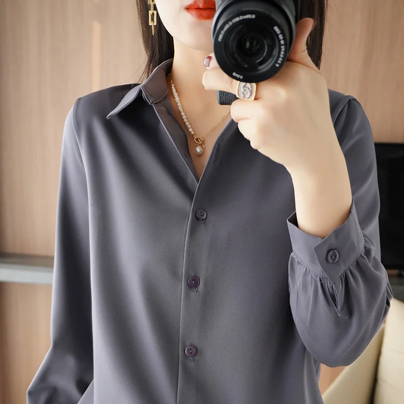 

Spring New Women's Silk Shirt Temperament Long sleeved POPL Collar Professional Wear High end Versatile Bottom Shirt