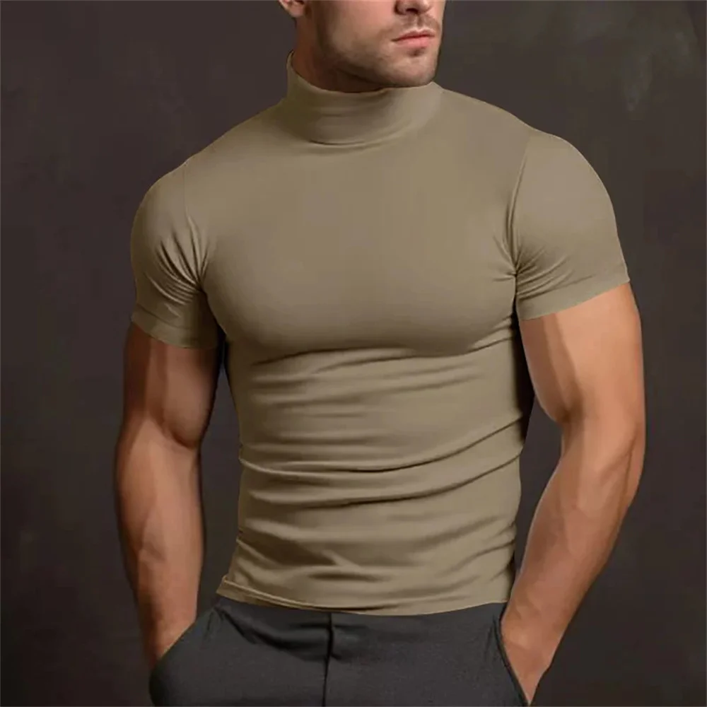 Cross-border Amazon 2024 summer solid color short-sleeved fashion bottoming shirt men's tight turtleneck T-shirt image 4