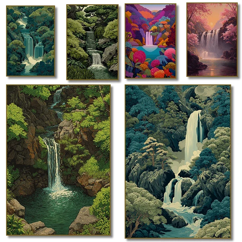 Multiple sizes 1pc frameless Canvas Painting,Japanese Blue Green Waterfall Mountain Forest Painting Canvas Print Wabi Sabi Japan