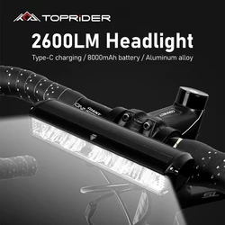 Toprider luz frontal para bicicleta, 2600 lúmens, 8000mah, à prova d'água, carregamento usb, mtb, estrada, ciclismo, acessórios de lâmpada