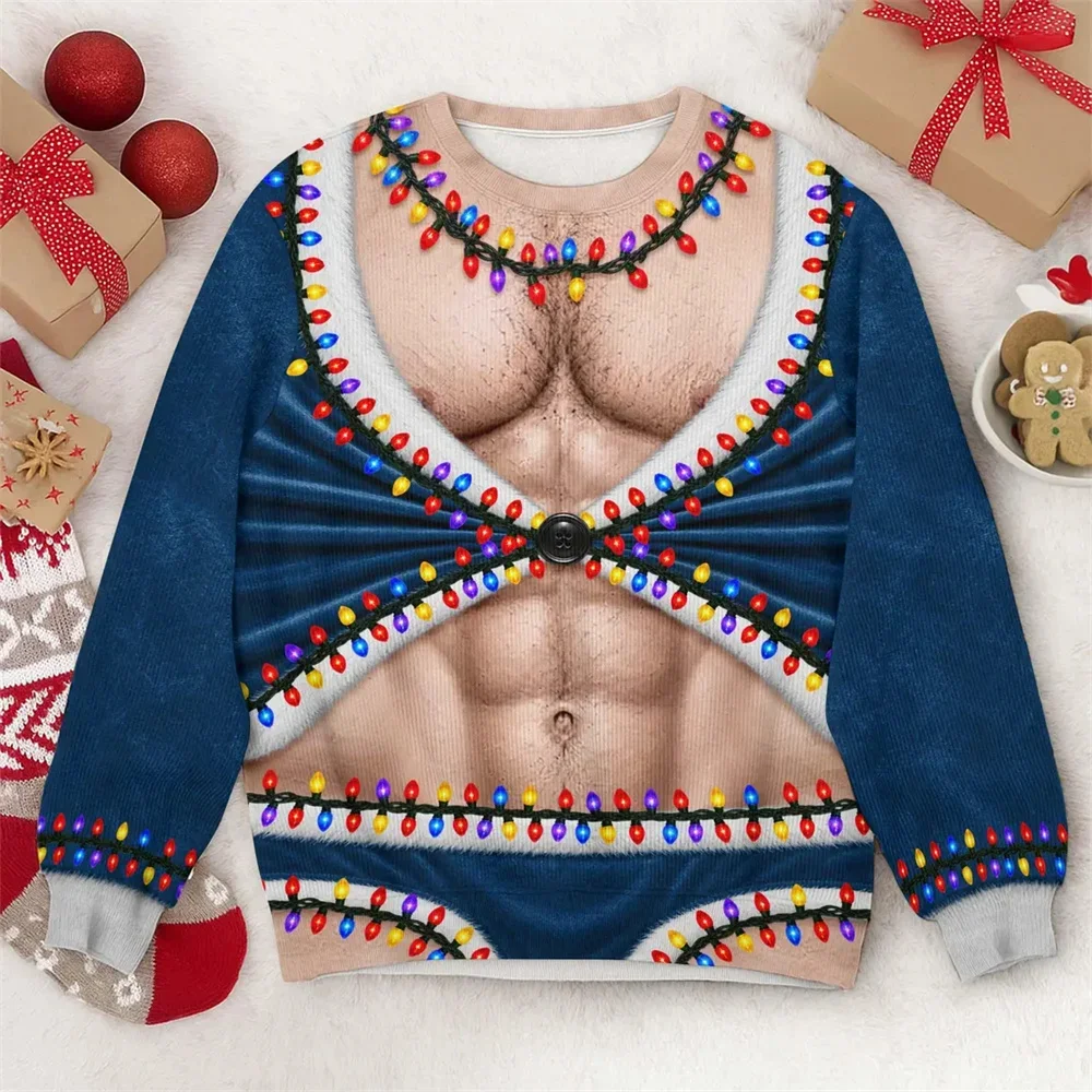 Funny Santa Muscle Sweater 3D Illusion Print Christmas Costume Ugly Xmas Crewneck Sweatshirt Holiday Party Outfit Men Women Gift