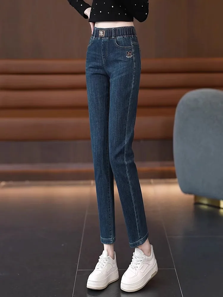 High Waist Harlan Fleece Lined Straight Leg Jeans Women's Autumn Winter New Style Slimming Casual Pants Long Length Denim