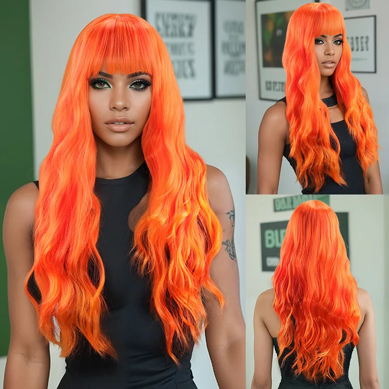 Cross border European and American wig women orange big wave Halloween air bangs long curly hair-Synthetic fiber wig