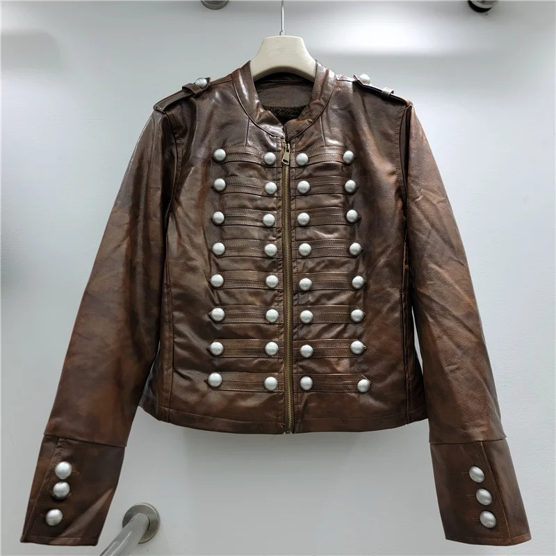 Fashion Multi-Row Button Decoration Slim Short Faux Pu Leather Jacket Women Stand Collar Long Sleeve Thicken Warm Biker Jacket