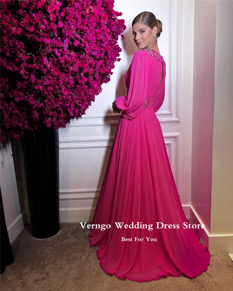 Verngo Vintage Fuschia Chiffon A Line Long Sleeves Evening Dresses V Neck Embroidery Beads Arabic Women Formal Prom Gowns Party