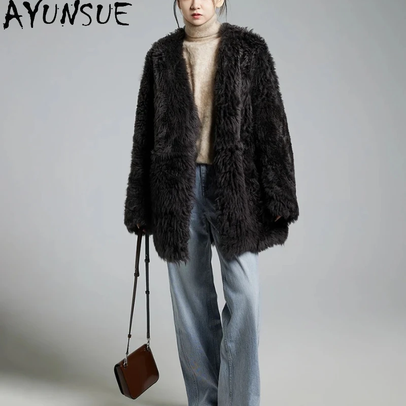 

AYUNSUE Natural Sheepskin Fur Coat Women Warm Real Fur Coats Winter Clothes 2025 Mid-length Genuine Leather Jacket Шуба Женская