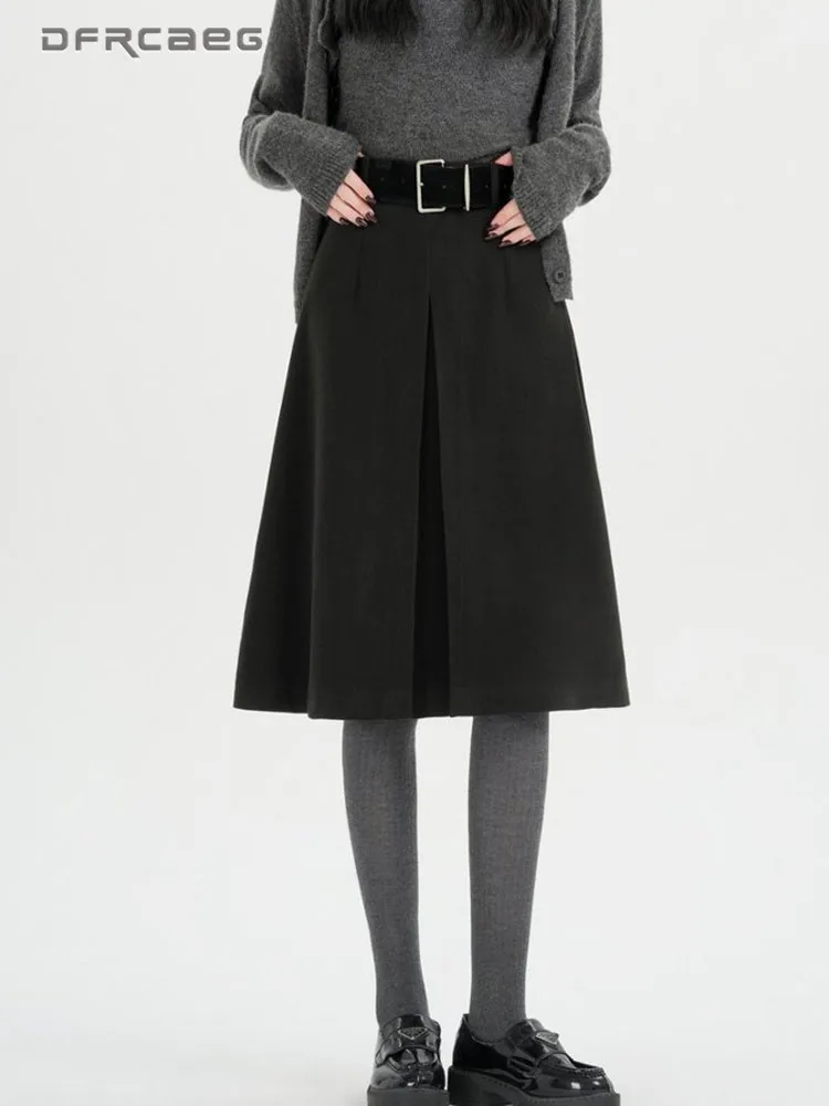 Korean Style Gray Women Wool Blend Midi Skirt With Belt High Waist Elegant Warm Winter Office A-Line Skirts