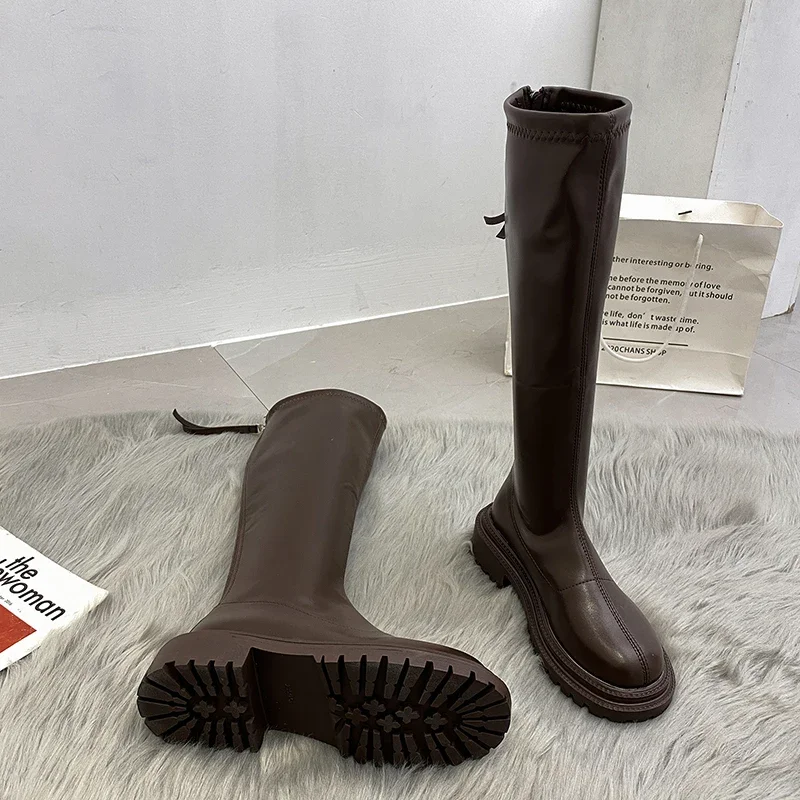 Thigh High Women Boots Fashion Soft Leather Knee High Boots 2023 Female Square Heel Autumn Winter Girl's Boots Shoes