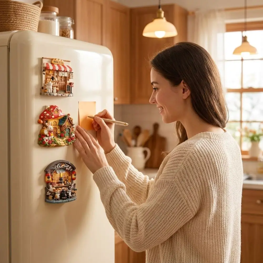 Resin 3D Embossed Refrigerator Sticker Cat Themed Shop Shape Refrigerator Magnet Ornaments House Themed Refrigerator Decoration