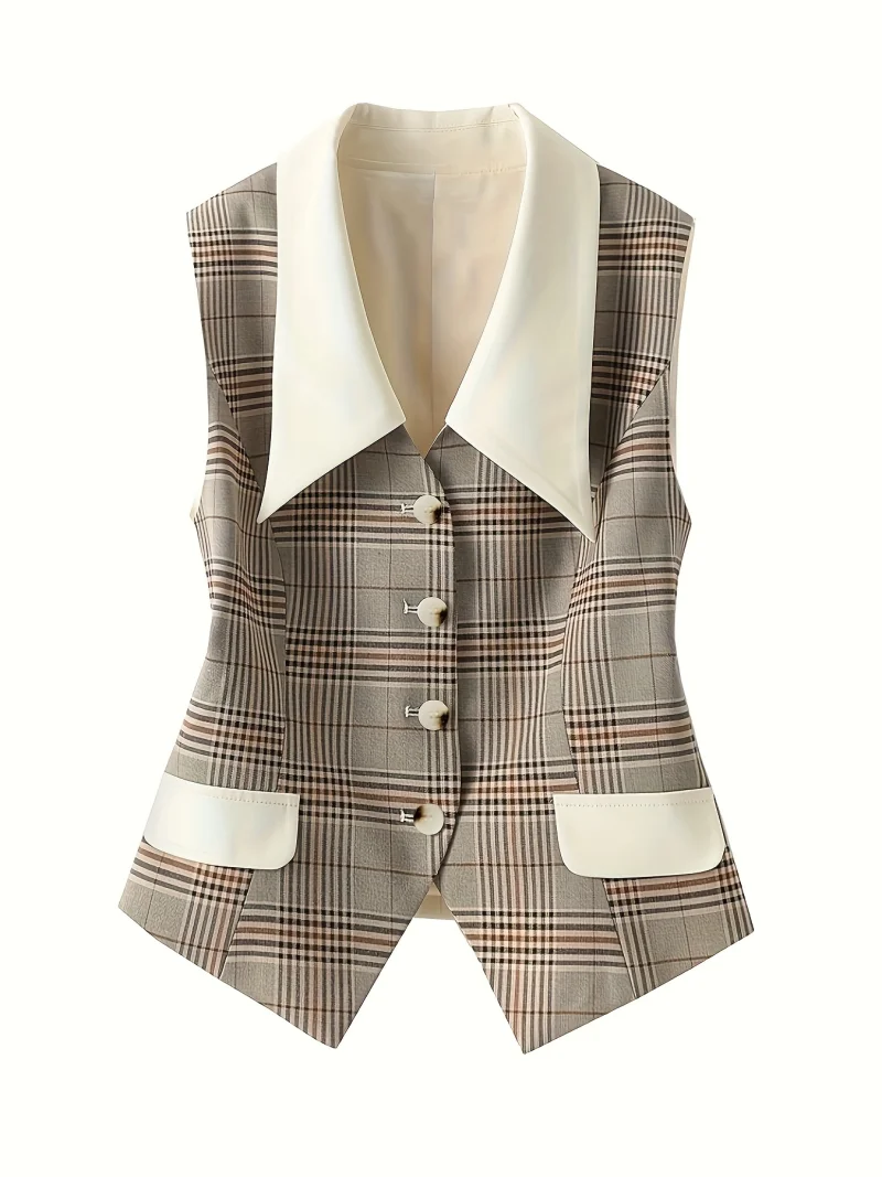 Vintage Plaid Suit Waistcoat Elegant Women's New Lapel Coat Fashion Temperament Design Sense Simple Casual Coat Office Wear