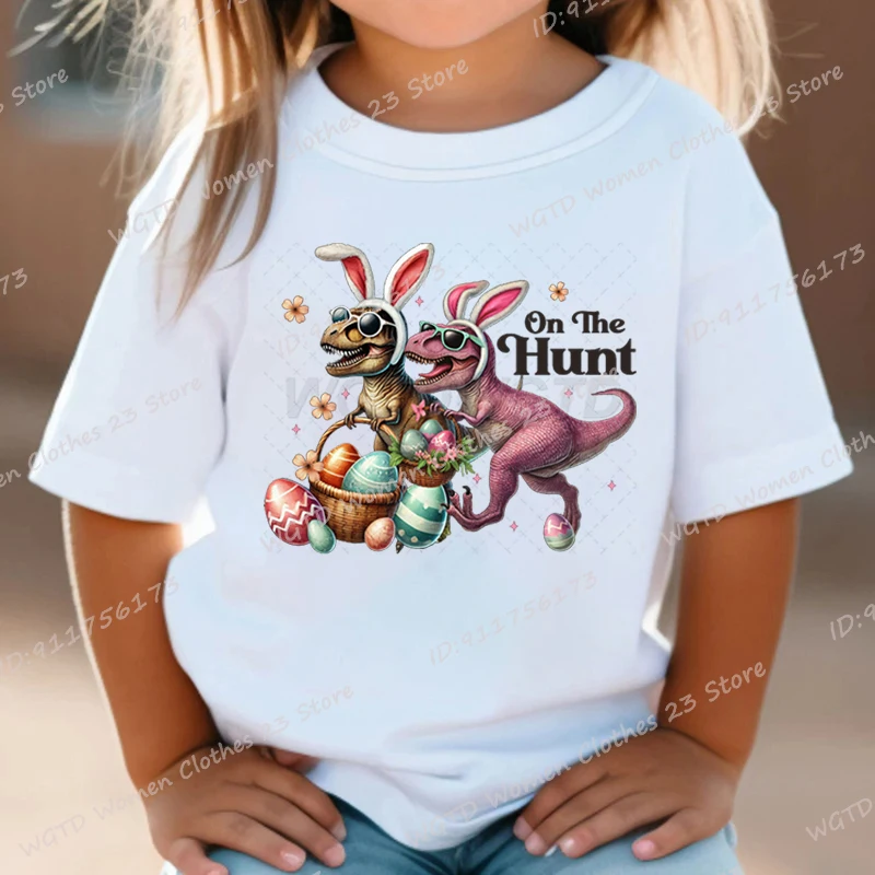 Easter Day Dinosaur On The Hunt Print T-shirt Cute Short Sleeve Tee Shirts Summer Fashion Children Girls T Shirts Crew Neck Tees