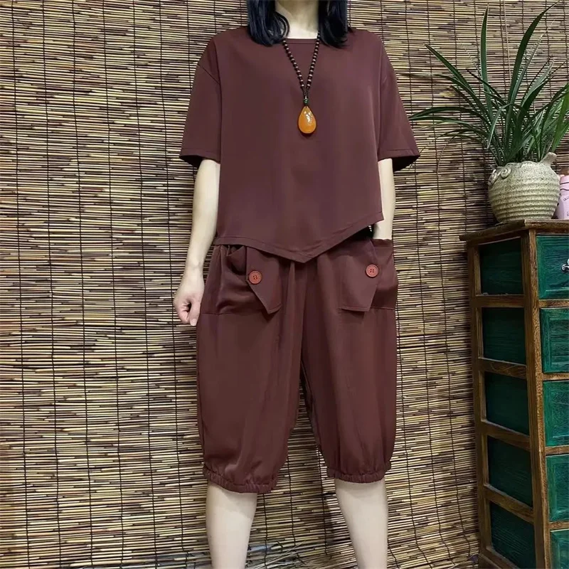 

2022 Summer Suits Solid Suits Two Pieces Outfits Lady Short Sleeve T-Shirt Suits 2022 Women Casual Knee-Length Pant Sets Female