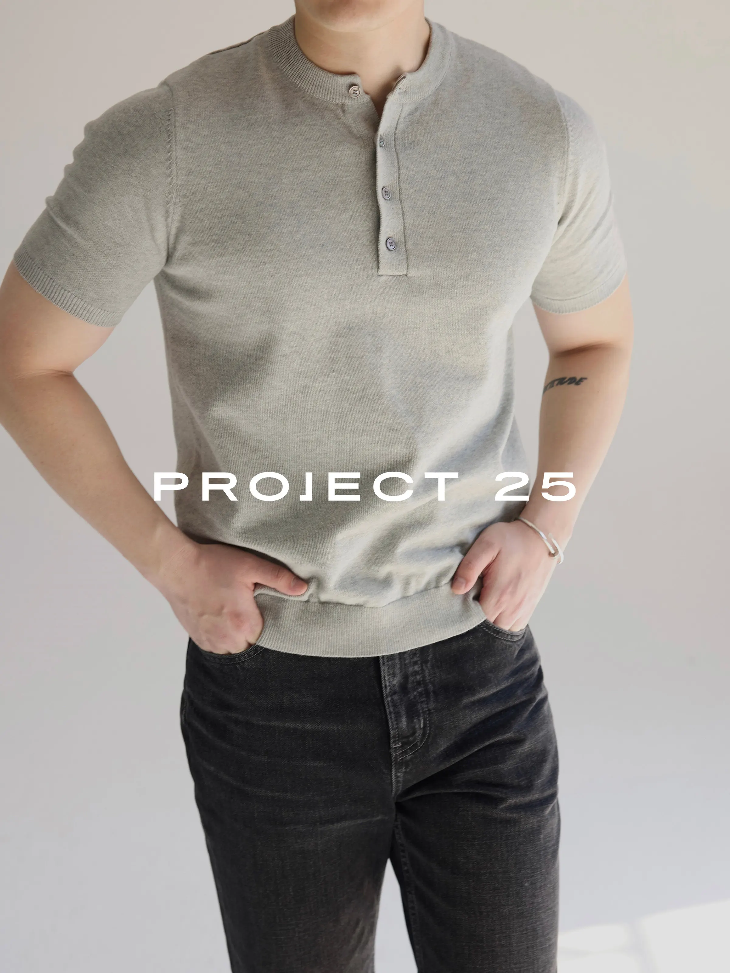 PROJECT 25 Men's Combed Cotton American Henley Knit Short Sleeve T-Shirt Slim Fit Solid Color