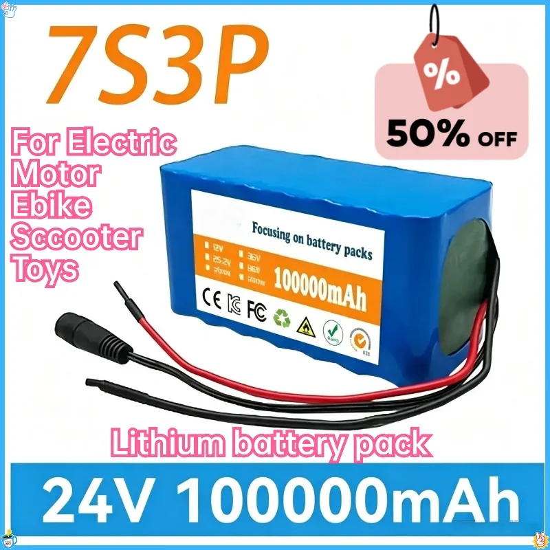 For Electric Motor Bicycle Ebike Sccooter Toys,24V 100000mAh 7S3P 18650 Lithium battery pack  With 29.4V 2A Charger