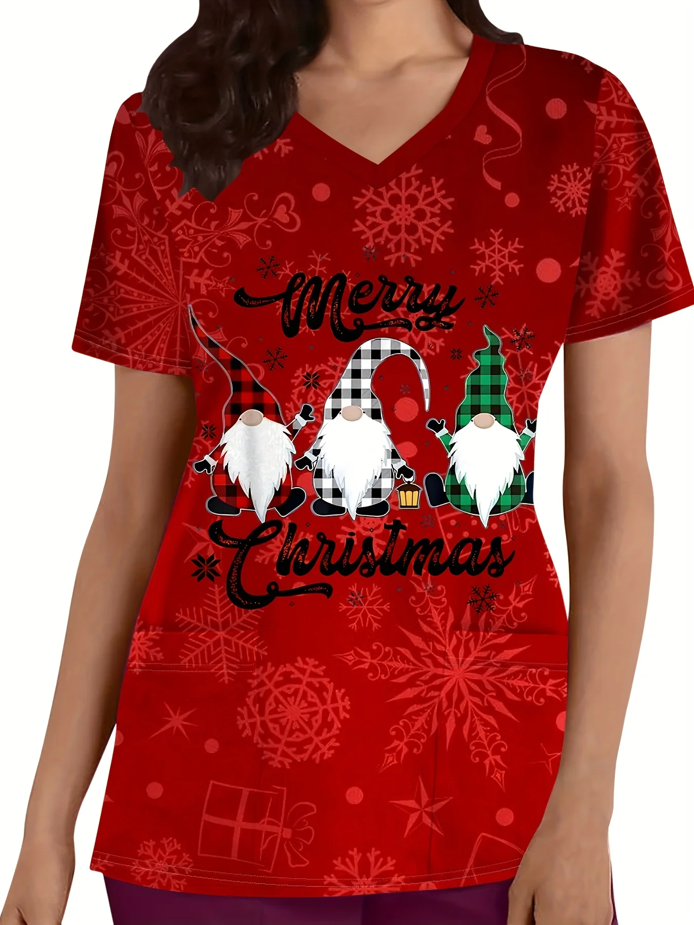 

Праздничный рождественский уродливый топ с v-образным вырезом и карманами с принтом Санта-Клауса, удобная женская униформа медсестры, женская одежда с короткими рукавами