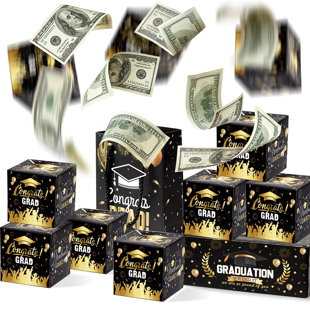 

Graduation Season Ceremony Party Decoration Black Gold Surprise Jumping Boxes Gift Wrapping Creative Scene Ambience Decorations