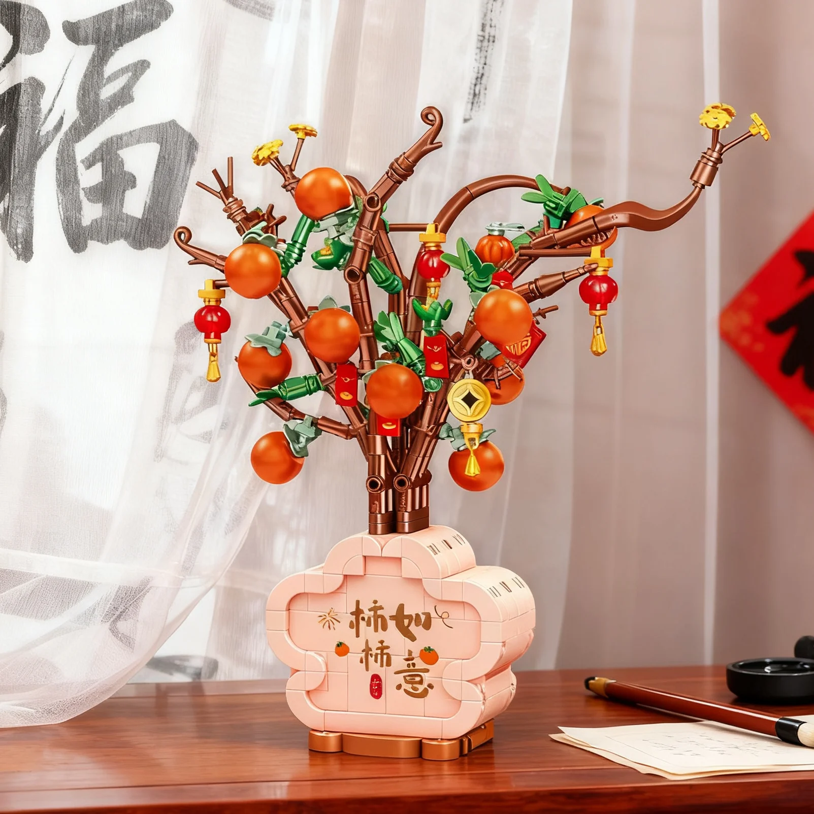 

Цветы хурмы, строительные блоки, вечные деревья бонсай, сады, романтические кирпичи, наборы моделей растений в горшках «сделай сам», подарок на Новый год