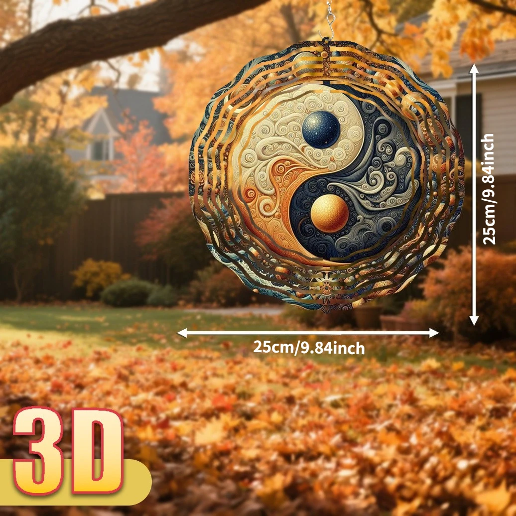 3D Yin Yang Wind Chime - 1pc Metal Outdoor/ Hanging Wind- Spinner with Rotating Hook,Chinese Symbol of Harmony for Wedding Decor