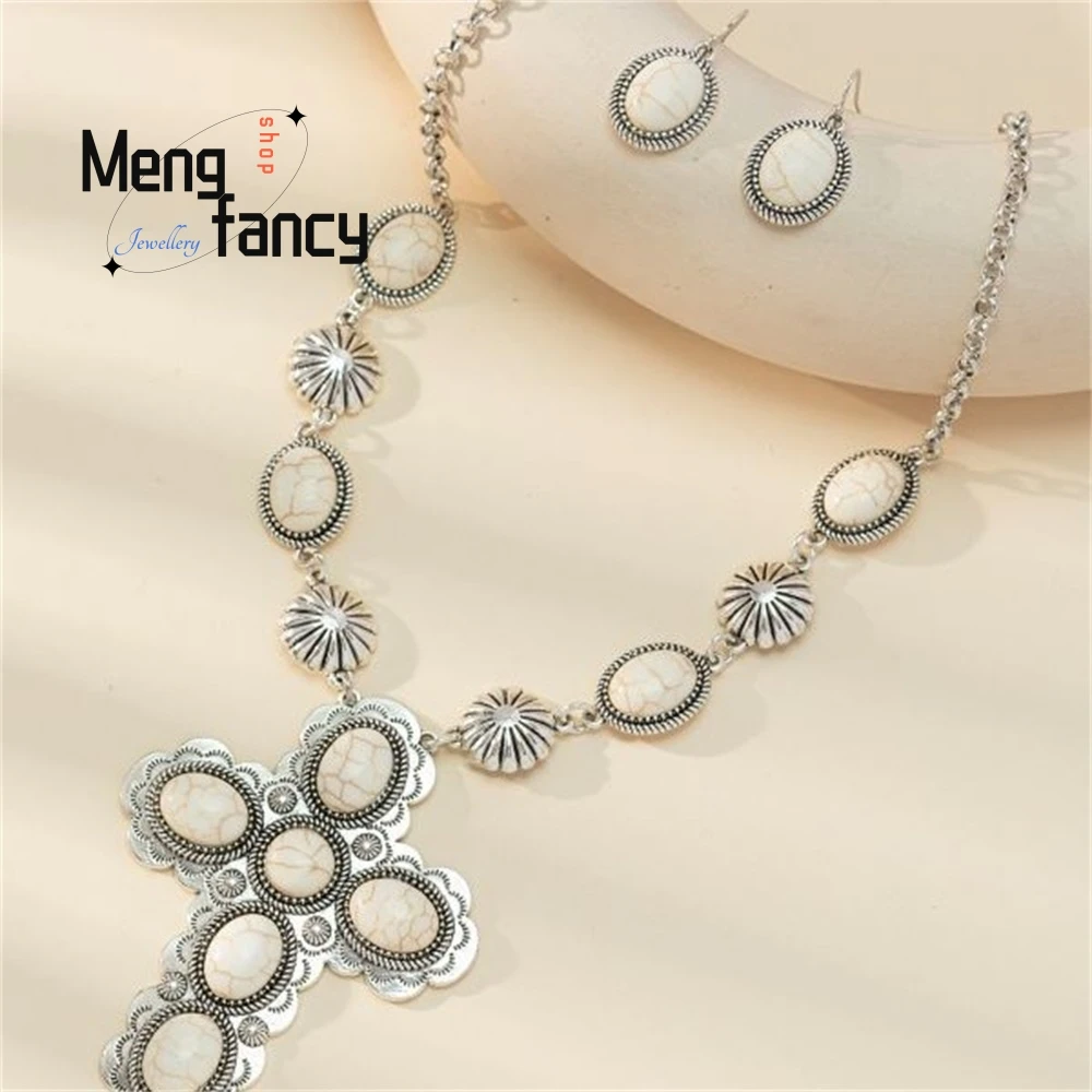 

High-Grade New Retro Cross Necklace Turquoise Earrings Elegant Exquisite Popular Fashion Jewelry Best Selling Handicraft