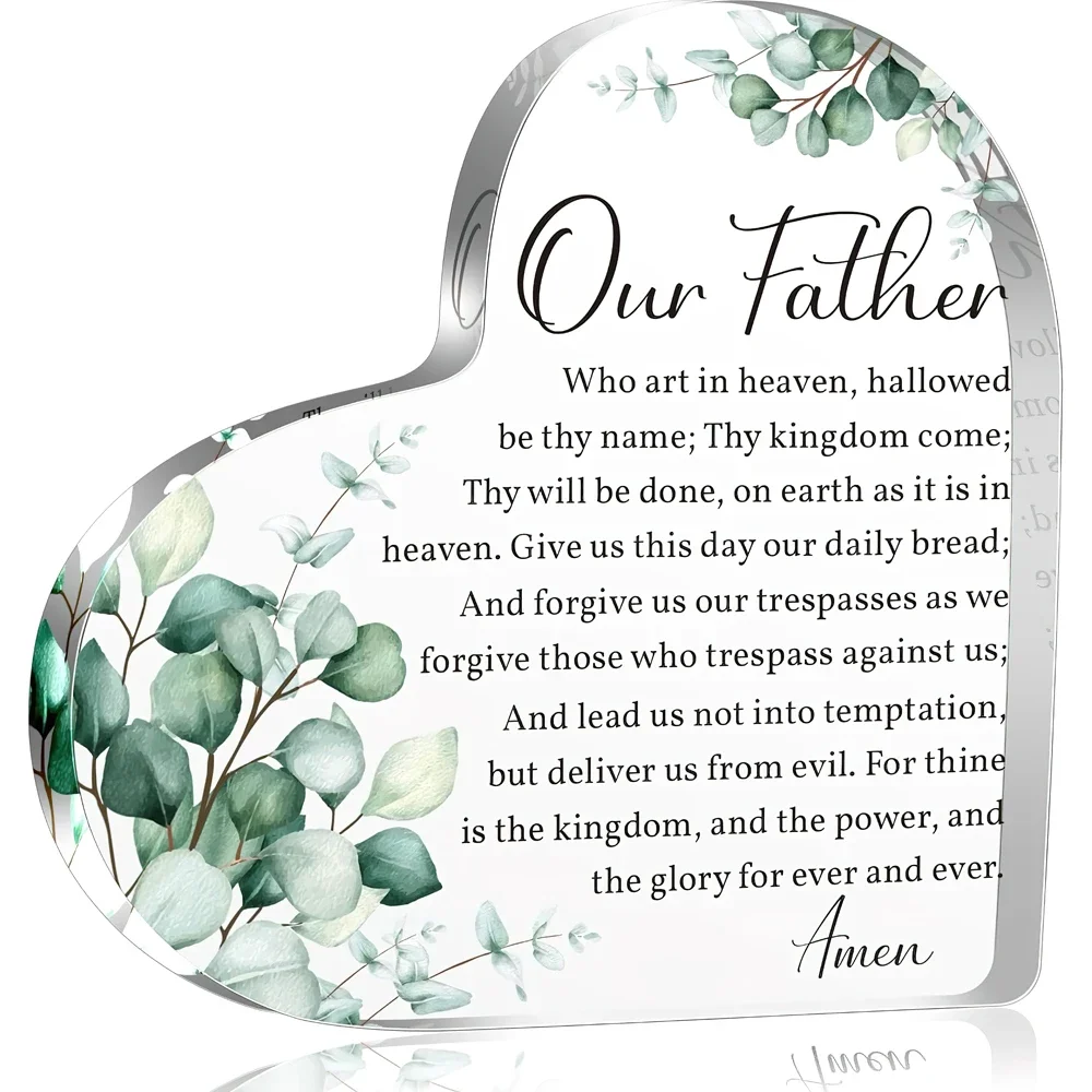 Heart Acrylic Desk Plaque The Lord's Prayer Our Father, Christian Eucalyptus Religious Decor