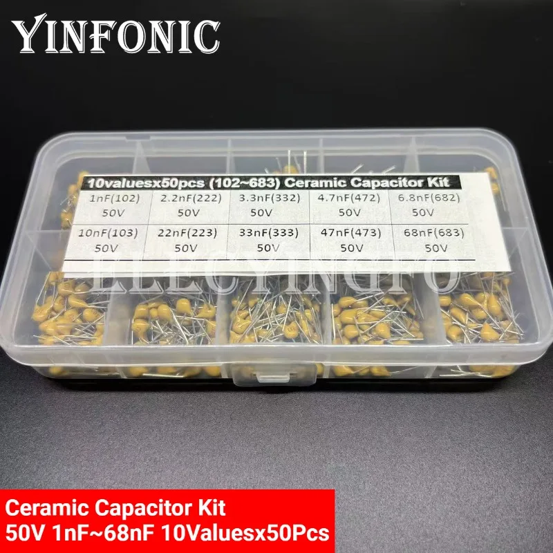

Ceramic Capacitor Kit 50V 1nF~68nF 10Valuesx50Pcs (102~683) Multilayer/Monolithic 500Pcs Capacitors DIP