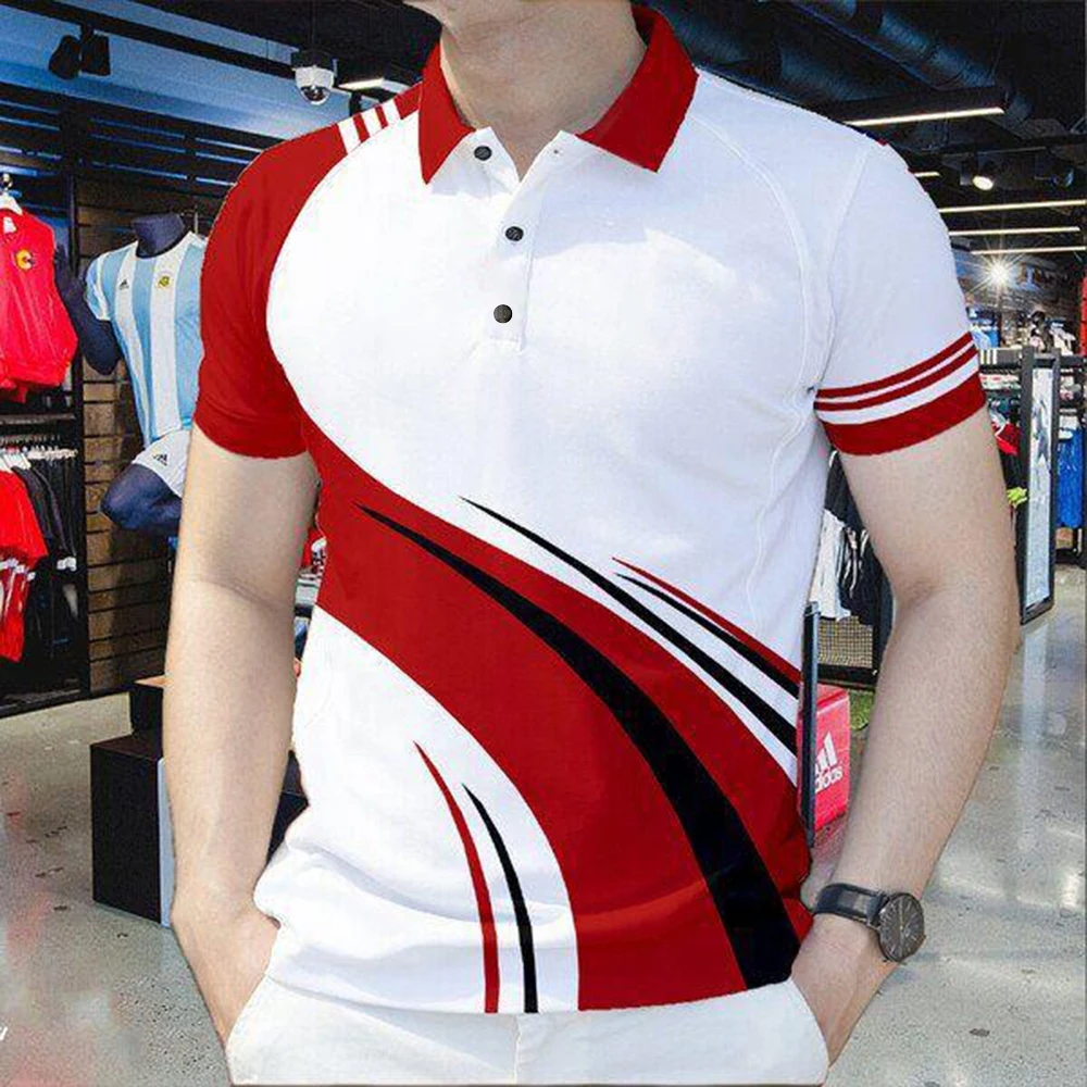 Polo Shirt for Man Red White Black Geometric Lightning Panel & Star Trim 3D Sublimation Polo Shirt for Men Classic Collar