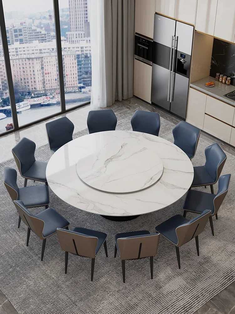 Premium Italian luxury rock marble embedded turntable household round dining table