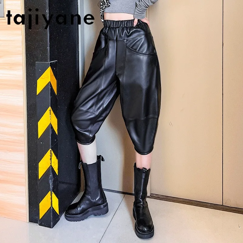 TAJIYANE Genuine Leather Pants Sheepskin Harem Trousers for Woman Black Pantalones Capris Baggy Pants 69cm Штаны Hip‑Hop Style