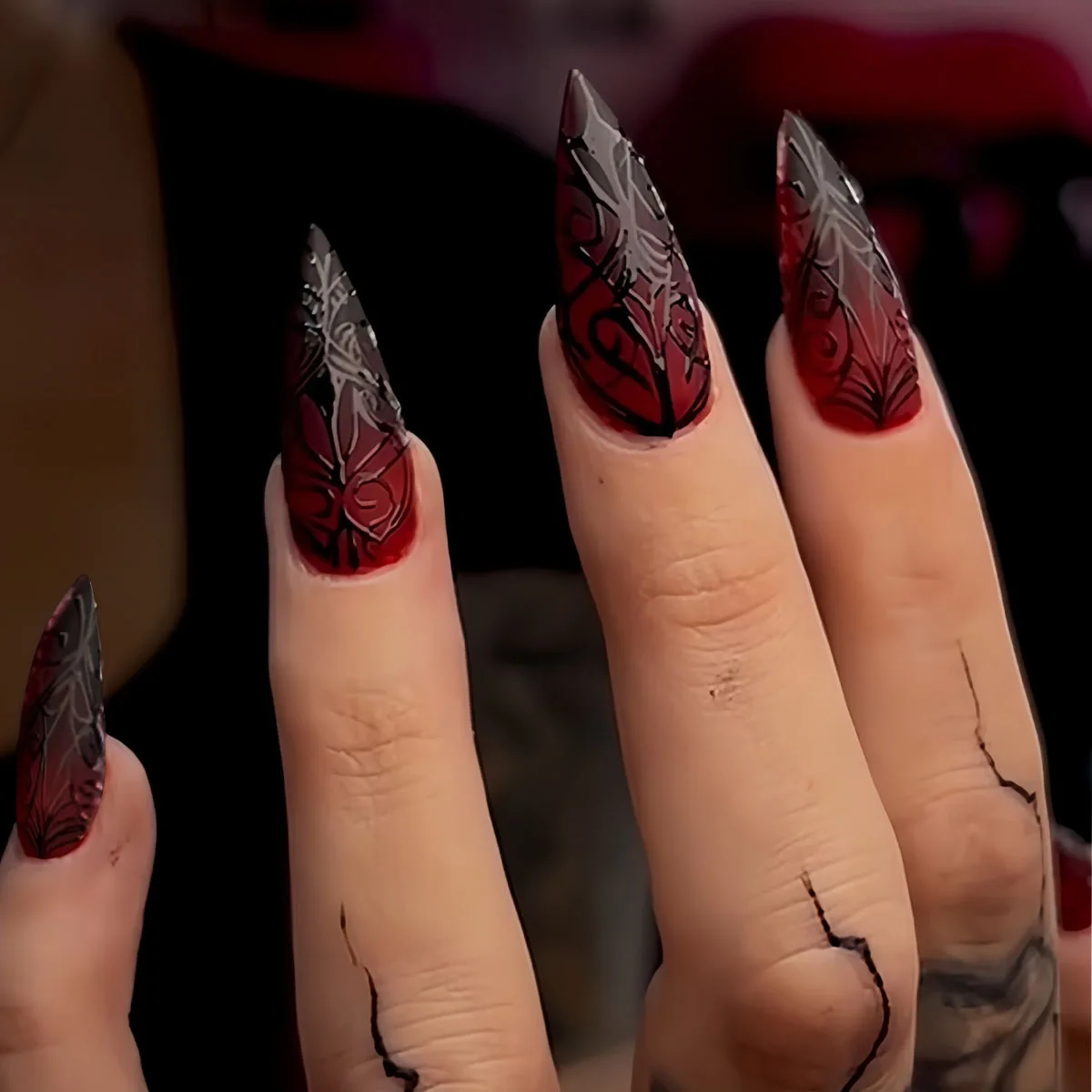 

24pcs Long Stiletto False Nails Halloween Gradient Red Full Cover Nail Tip Lines Design Fake Nail Wearable Almond Press on Nails
